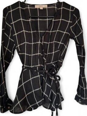 LOFT Women's Black and White Plaid Wrap Blouse